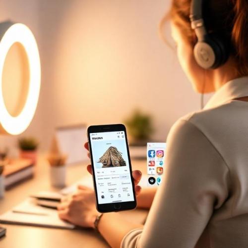 Content creation and social media setup with creator at desk, ring light, smartphone showing social platforms, high-resolution photo