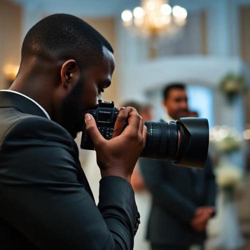 African-American male wedding photographer capturing candid moments with DSLR; bride and groom softly blurred in background; elegant indoor ceremony lighting