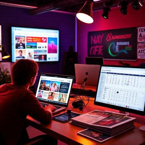 Event promotion and marketing team planning a campaign: laptops with social media ad manager and analytics, printed posters and flyers, campaign calendar