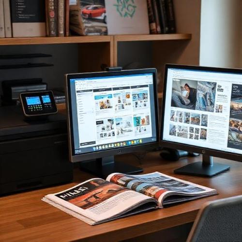 Digital and print publishing desk with printer producing brochures, layout software on screen and glossy magazine, high-resolution photo