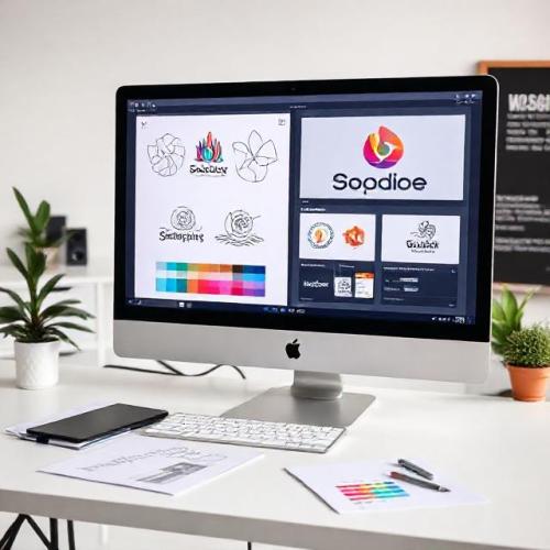 Branding and graphic design workspace with logo sketches, color swatches, and web design on a monitor, clean modern studio, high-resolution photo
