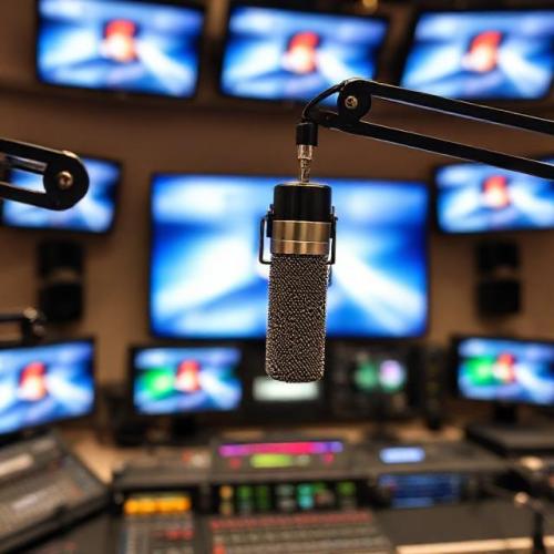 Radio and television advertising concept with studio microphone and multiple TV screens in a broadcast control room, high-resolution photo