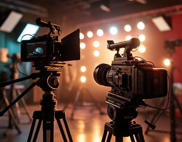 Cinematic film production scene with a professional cinema camera on set, director and lights, high-resolution photo, dramatic studio lighting