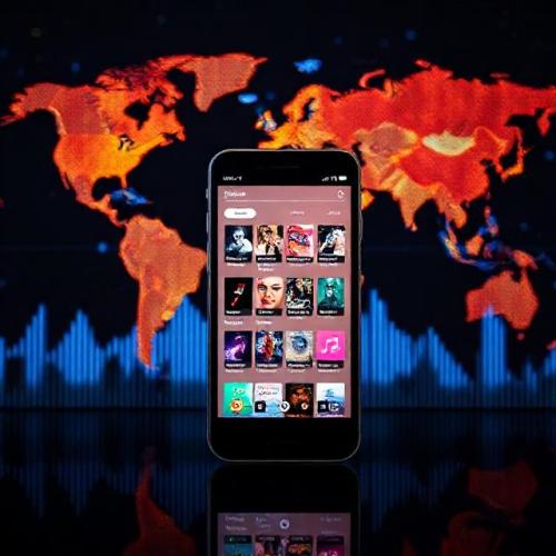Global music distribution concept with smartphone showing streaming apps, audio waveform and world map background, high-resolution photo